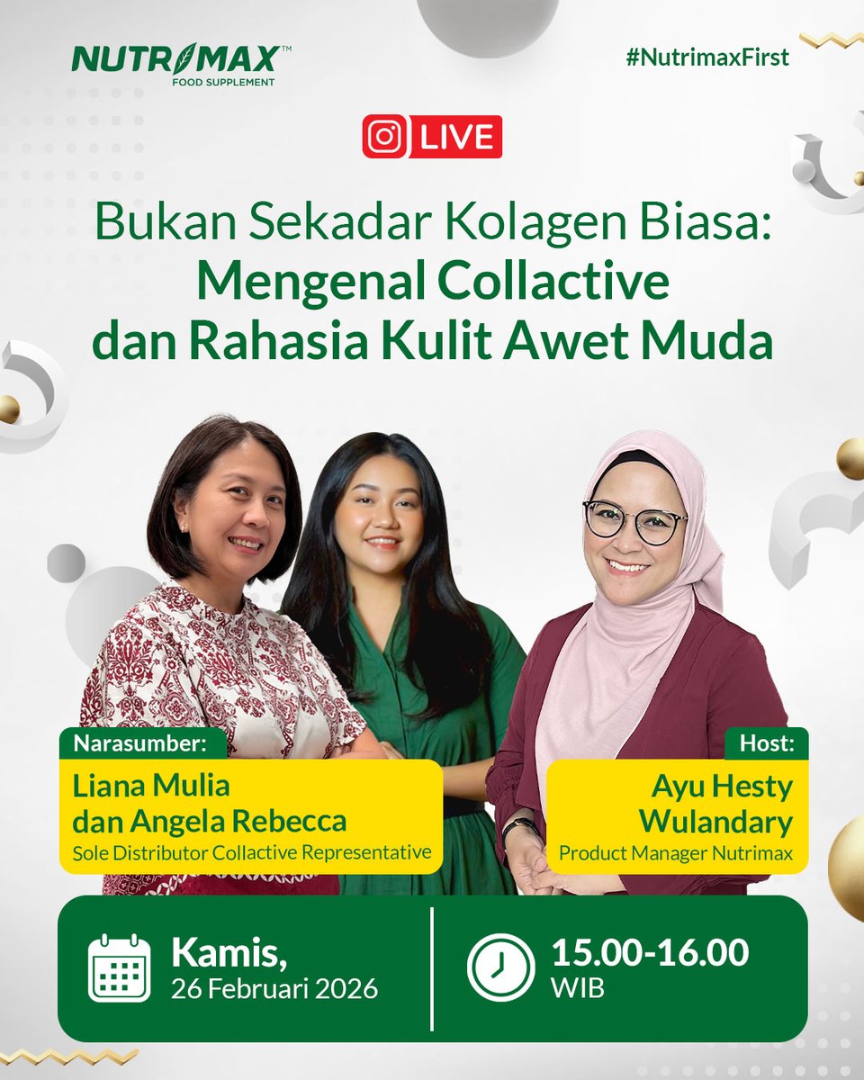 Seiring bertambahnya usia, mulai muncul bagian kulit yang mengendur, dan kolagen di tubuh terus menurun. Sudah pakai banyak produk kesehatan kulit dengan kandungan kolagen, tapi hasilnya belum maksimal?

Join IG Live Nutrimax:
📆 Kamis, 26 Februari 2026
🕣 15.00 – 16.00 WIB