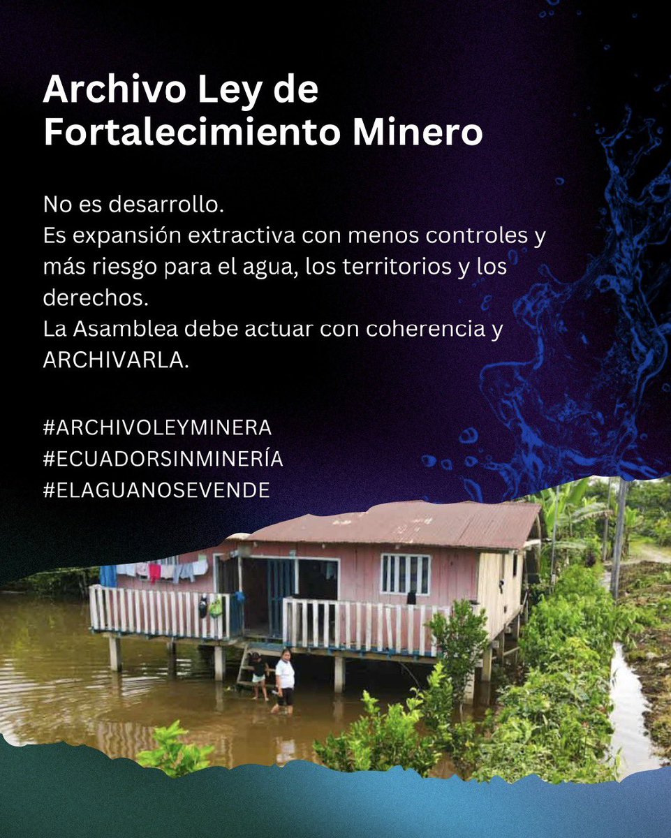 La Ley de Fortalecimiento Minero no es desarrollo. Es expansión extractiva con menos controles y más riesgo para el agua, los territorios y los derechos.
La <a href="/AsambleaEcuador/">Asamblea Nacional</a> debe actuar con coherencia y ARCHIVARLA.

#ArchivoLeyMinera
#ElAguaNoSeVende