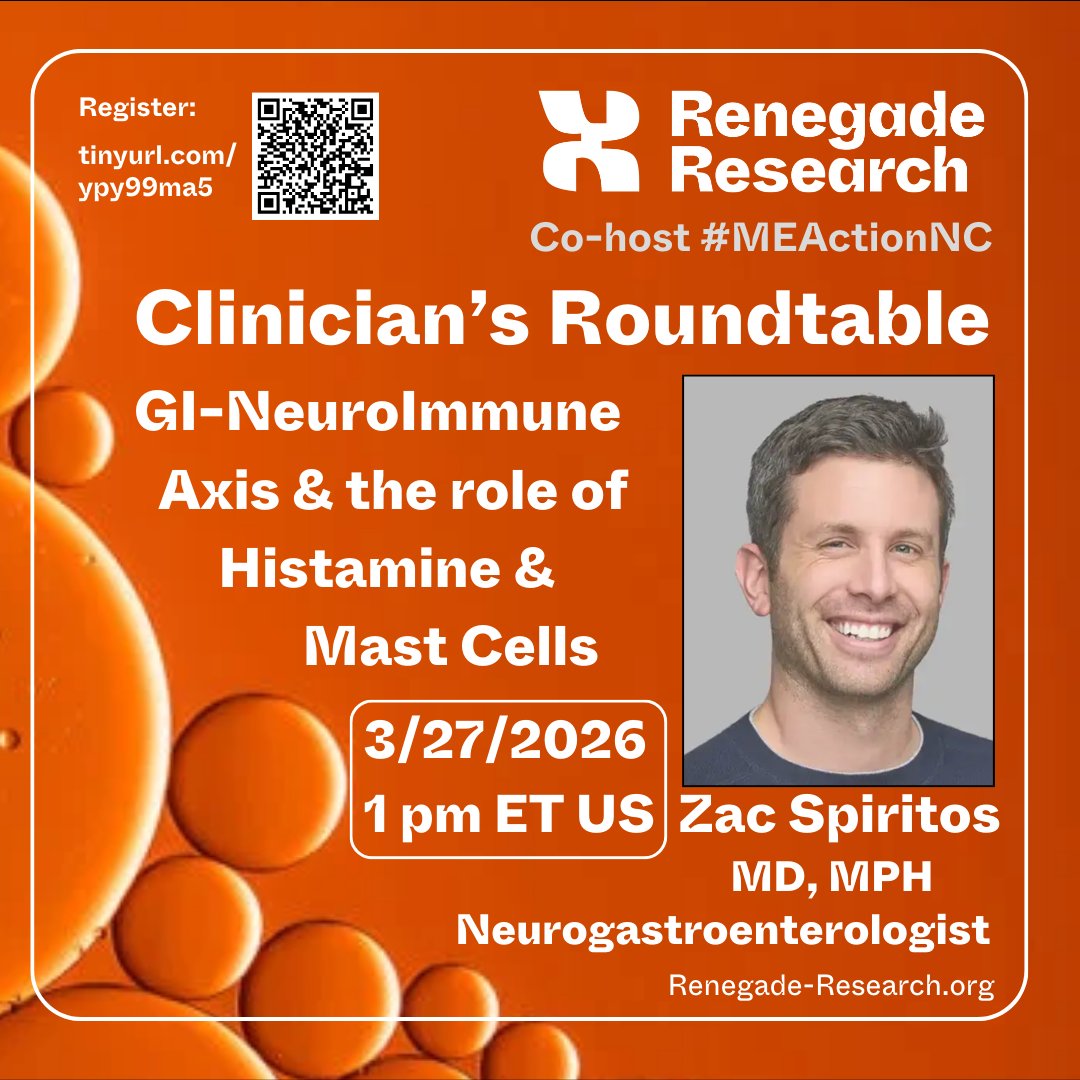 RenegadeRes's tweet photo. We welcome you to join us on Friday, March 27 at 1 pm ET (US) for a Clinician's Roundtable with neurogastroenterologist Dr. Zac Spiritos  

He will be discussing the Gastrointestinal-Neuroimmune Axis & the Role of Histamine and Mast Cells  

Registration link below with info on Dr. Spiritos' work 🧵