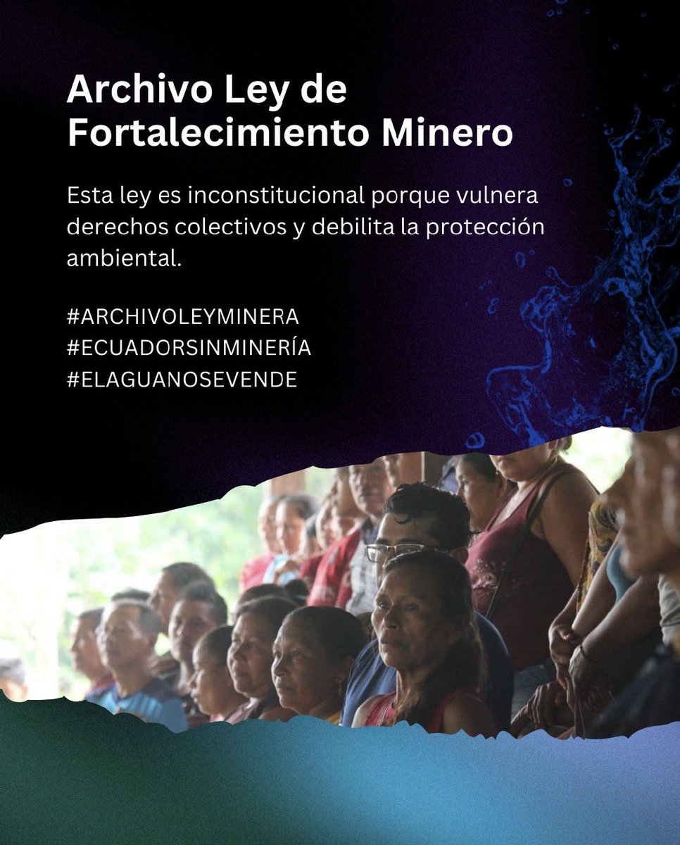 La Ley de Fortalecimiento Minero es inconstitucional porque vulnera derechos colectivos y debilita la protección ambiental.
<a href="/AsambleaEcuador/">Asamblea Nacional</a> exigimos su ARCHIVO. 

#ArchivoLeyMinera
#ElAguaNoSeVende