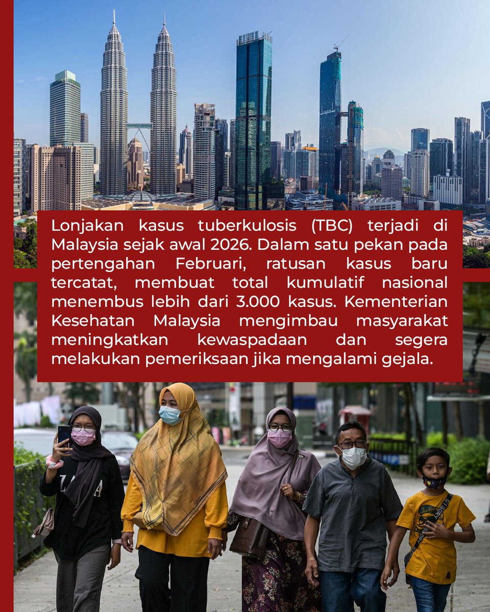 tvOneNews's tweet photo. Kasus TBC di Malaysia menembus 3.161 kasus dengan 596 kasus baru dalam sepekan Februari 2026. Kementerian Kesehatan mengimbau warga memakai masker di tempat ramai, terutama selama Ramadan, serta segera periksa.
#PhotoStorytvOne #TBC #Malaysia #WaspadaTBC #CariBeritaditvOne #PS02 https://t.co/nNbkA2M5du