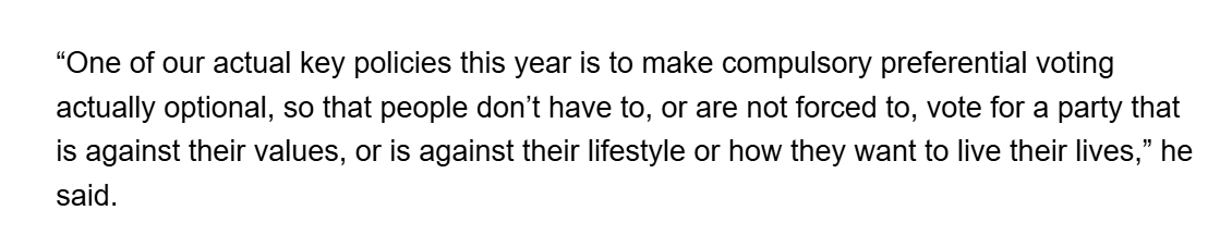 Cory Bernardi (who else) giving the usual disinfo line in support of optional preferential voting.  Compulsory preferencing does not force anyone to "vote for" a party they do not like.  It only requires that a voter rank all candidates.

#saparli
