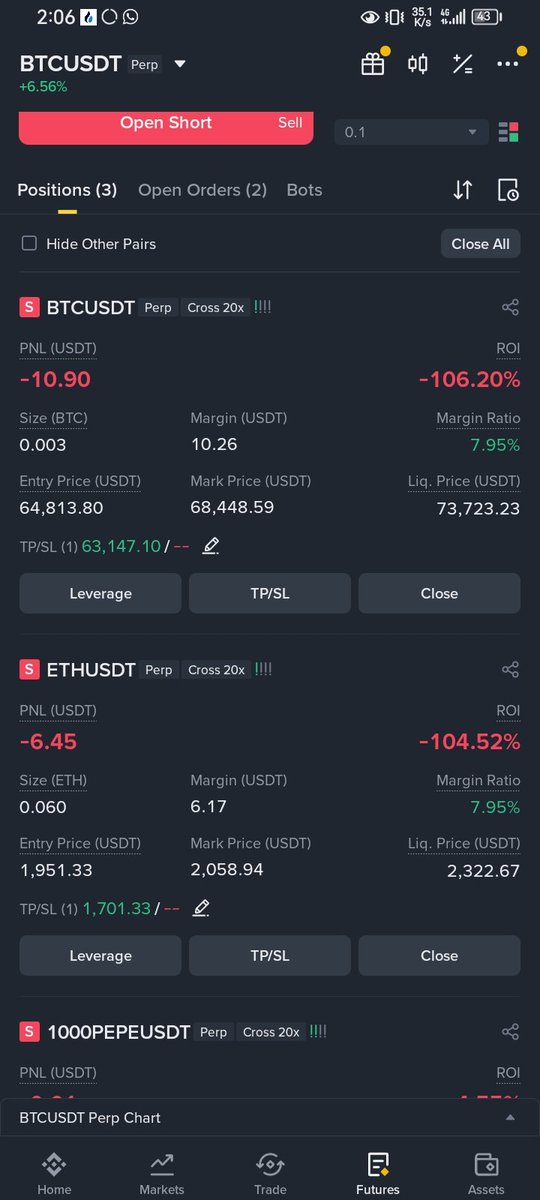Copy trader Bro &amp; Futures has completely dealt with me.

Already at -97% (-$35) Loss. 

I should have collected profit of last week and close everything

Lesson learned: take the profit  no matter much/small. Little and compounding profit make a big return. 

$BTC 
#TradingTales