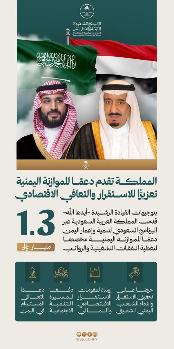 إنفاذًا لتوجيهات سيدي خادم الحرمين الشريفين وسمو سيدي ولي العهد رئيس مجلس الوزراء -حفظهما الله- لدعم الشعب اليمني الشقيق؛ قدمت المملكة دعمًا اقتصاديًا لعجز الموازنة المخصص للرواتب عبر <a href="/SaudiDRPY/">البرنامج السعودي لتنمية وإعمار اليمن</a> استجابةً للاحتياج العاجل لدعم الحكومة اليمنية بدفع المرتبات.
