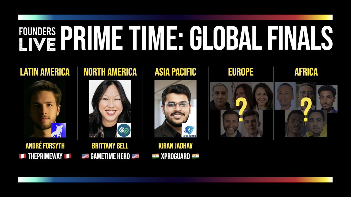 founders_live's tweet photo. Our first three of five winners are set for Saturday's #FoundersLive Prime Time global finals. YOUR VOTES decide Europe on Feb 26 and Africa on Feb 27! RSVP for the free livestreams via links in 🧵 https://t.co/SBGYlfG4kU