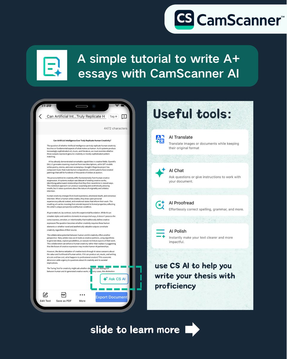 CamScanner's tweet image. Struggling to write your paper? CamScanner can help you read reviews and write your thesis all in one app! Chat with our CS AI, polish and proofread your paper after it’s done! #camscanner #scannerapp #CuttingEdgeScanningTech #Studysmarter #thesis