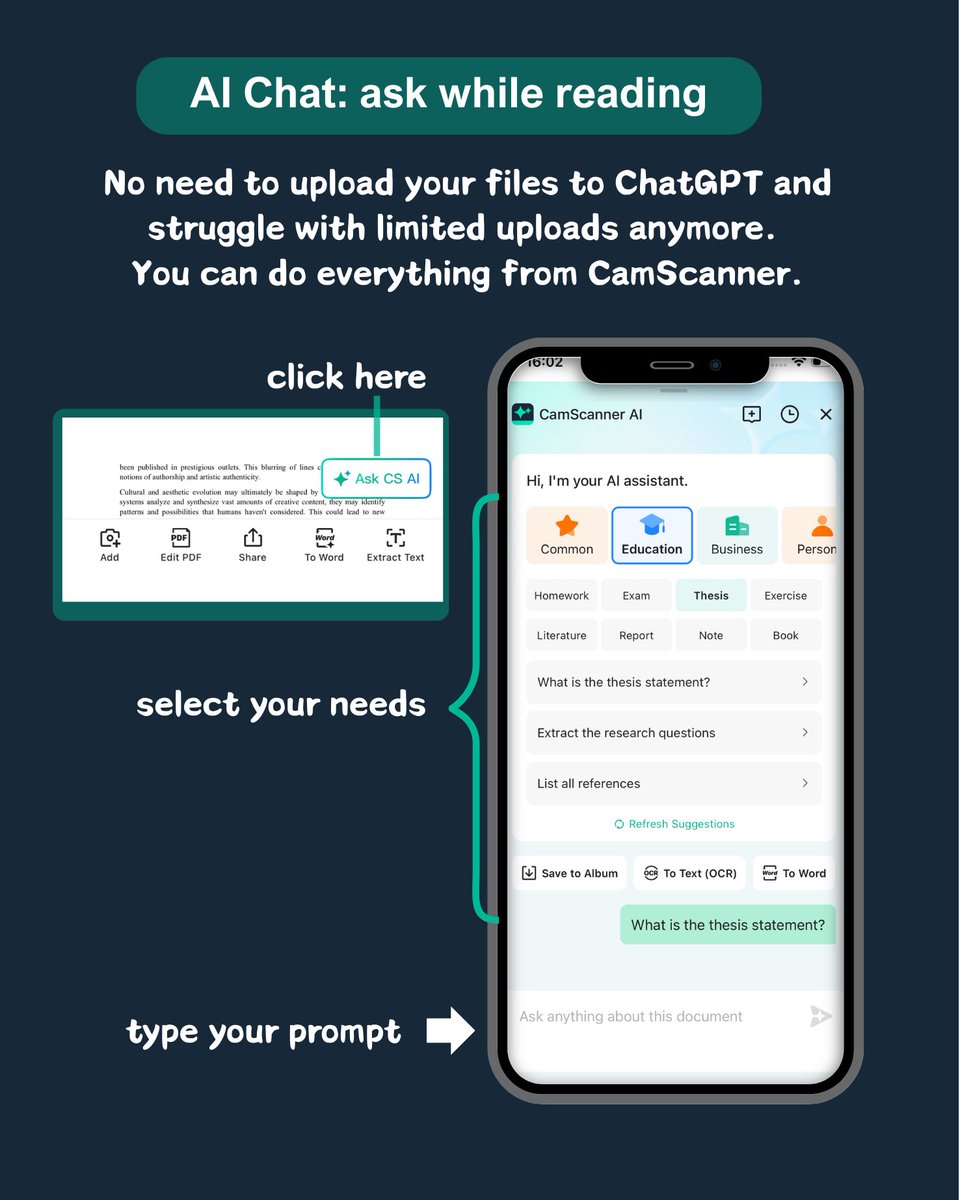CamScanner's tweet image. Struggling to write your paper? CamScanner can help you read reviews and write your thesis all in one app! Chat with our CS AI, polish and proofread your paper after it’s done! #camscanner #scannerapp #CuttingEdgeScanningTech #Studysmarter #thesis