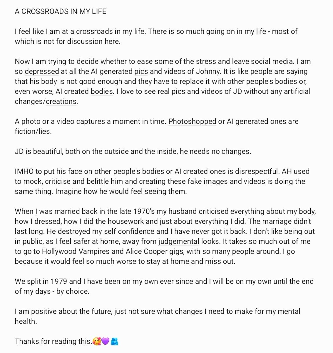 I know some people will be offended by what I have said but it is just my opinion and how I feel. Feel free to ignore me, unfollow me or block me if you are offended. 

As you may know I am all about #PositivityforJohnnyDepp and it hurts to see some of the stuff I see.❤️🫂