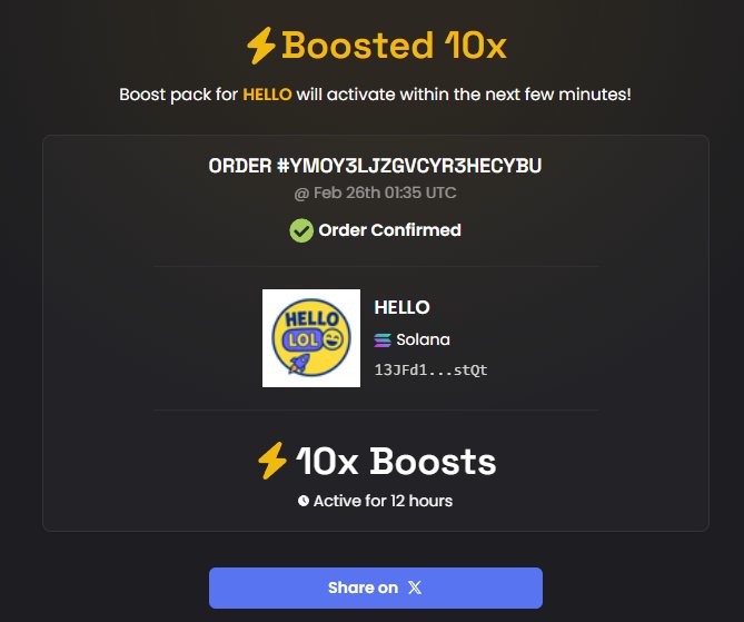 HELLOLOLSOL's tweet photo. 10x DexScreener Boost activated for $HELLO LOL ✅
More eyes. More traction. More momentum.
#HELLOLOL #HELLO #DexScreener #Solana #Sol #Crypto #CryptoCommunity #memecoin #Altcoins https://t.co/nz5j0RoasT