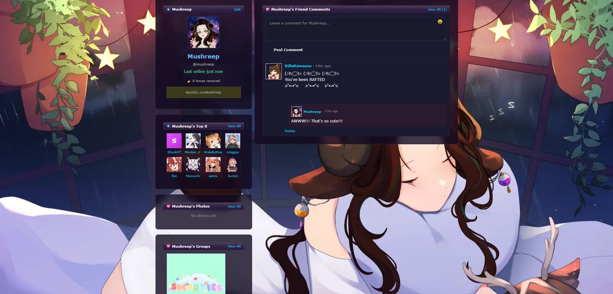 I have a profile on this cute little site, MyOshi.co, if anyone wants to add me. >.< Still trying to set it all up.