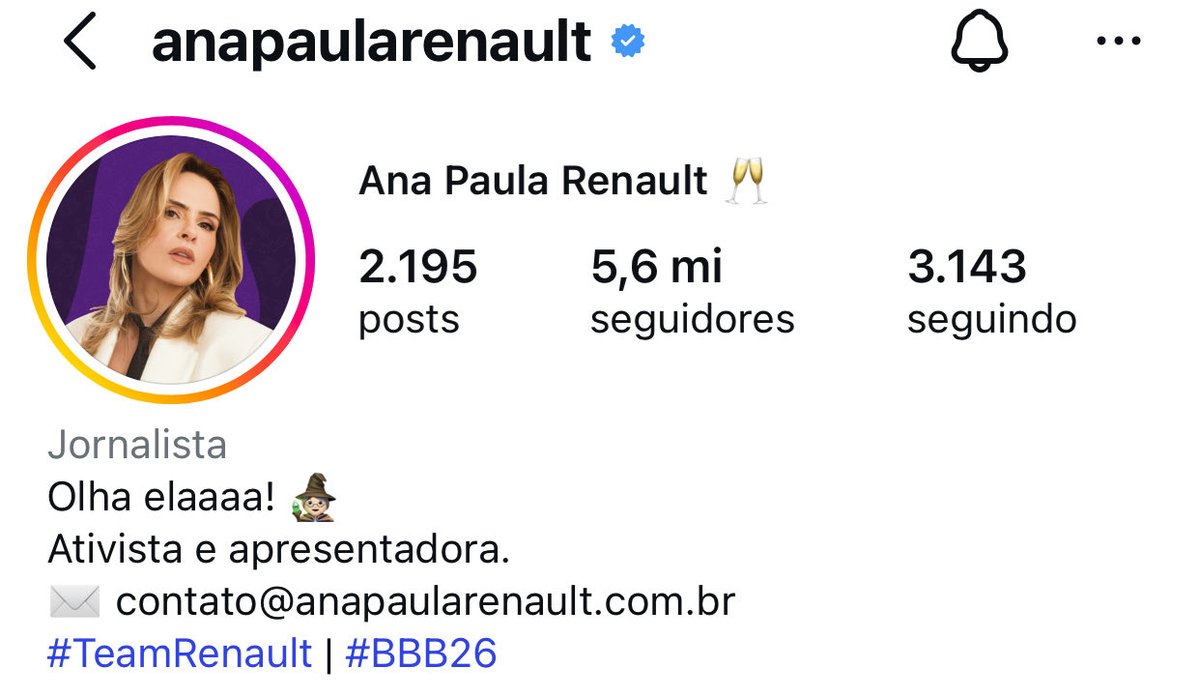 5.6 da  <a href="/anapaularenault/">Ana Paula Renault 🧙🏻‍♀️</a> 
rumo aos 10 🌽ões!