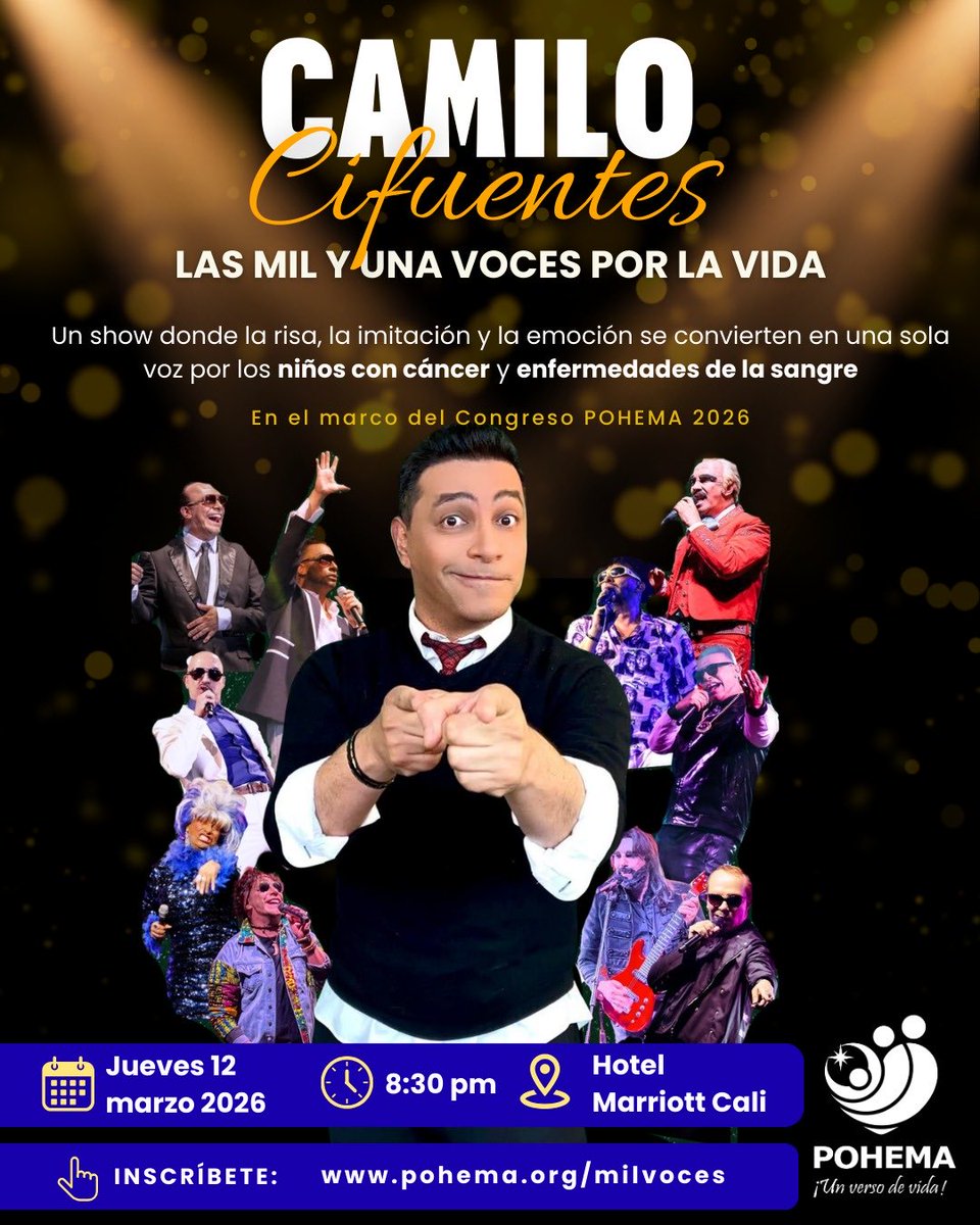 POHEMA's tweet photo. 🎭✨Camilo Cifuentes llega con su talento extraordinario para regalarnos una noche de risas, emoción y solidaridad.

💛 Inscríbete aquí y sé parte de esta causa:
👉 https://t.co/joQfGz08r7

#MilVocesPorLaVida #POHEMA #PorLosNiños #EventoBenéfico #CáncerInfantil https://t.co/HwkJOAFgof