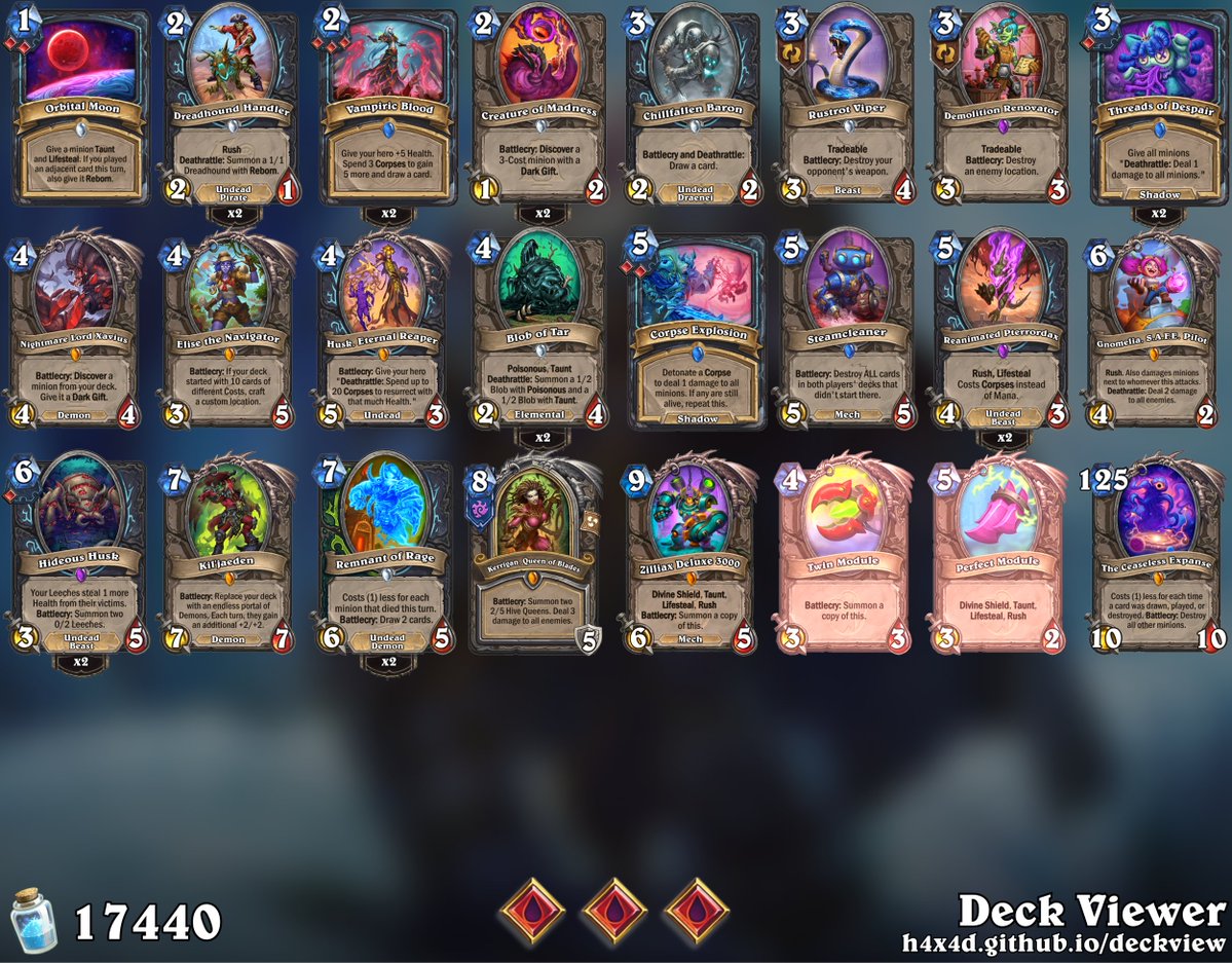 Lost a lot yesterday in NA server and climbed back to #32 with BBB DK. Tried a lot of BBBs before but this list is some stuff! 

Code: AAECAfHhBA6H9gTNngbHpAbm5Qaq6gbh6gbh6wbp7QbO8QbDgweDigeCmAeTmweosQcIu7EG/7oG3+UGtfoG/fwGupUHh5wH4rEHAAED9bMGx6QG97MGx6QG7t4Gx6QGAAA=