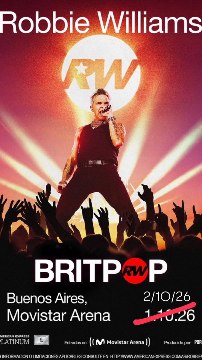 Llega Robbie Williams a nuestro país y ya agotó la primera fecha. Se agrega nueva fecha para el 2/10/26 y mañana jueves 26 comienza la preventa.

Otra vez preventa ????

#RobbieWilliams 
#RobbieWilliamsargentina