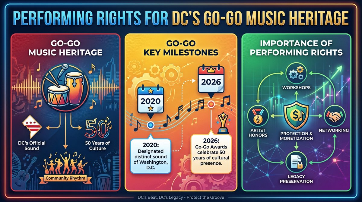 BeatRepublicMG's tweet photo. 🎉 DC's iconic Go-Go scene is celebrating 50 legendary years! Recognized as the heartbeat of the city since 2020, its influence is unstoppable. 🎶 As we groove into the 2026 Go-Go Awards spotlighting "legacy preservation," artists must link up with PROs like ASCAP for all rights! https://t.co/iTBGQVQrwU