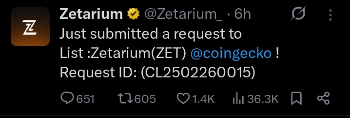 $ZET I told you don't let 5 views and 1 like stop you from posting about $ZET

 #Zetarium has submitted a request to be listed on coingecko.

34 days to the end of Q1 2026. We hope for the best.

Comment get 50 point  ☝🏻 
Retweet get 100 point ☝🏻