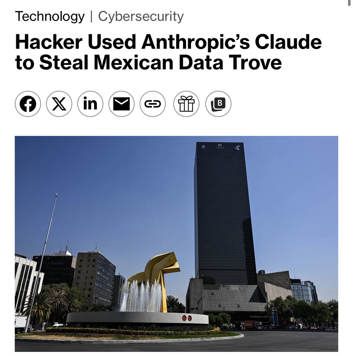 🚨ICYMI: Anthropic’s Claude was manipulated by a blackhat prompt engineer to help him hack into the Mexican government’s database and steal 150GB worth of classified information. 

Taxpayer records, voter records, government employee credentials, civil registry files, he got them
