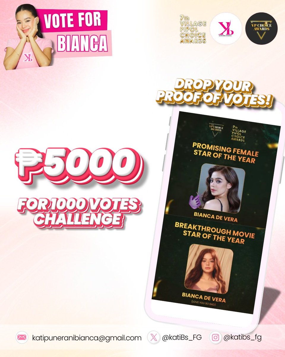 📢 VOTING CHALLENGE!!!

Up for another challenge? Our friends have pledged to donate Php 5000 if we manage to complete 500 votes for #BiancaDeVera in each category she's nominated for - 1000 votes in total! 💝

✔️ 500 votes for Promising Female Star of the Year (TV)
✔️ 500 votes