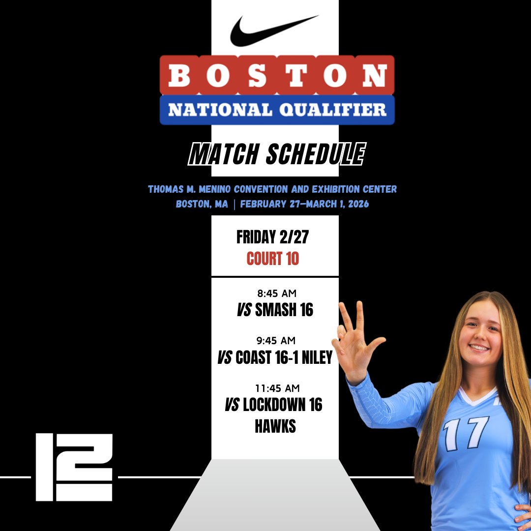 abbydafforn17's tweet photo. 🏐 Tournament Weekend is Here! 🏐
Heading to the Nike Boston Qualifier in Boston, MA Here’s the schedule for L2 161. Check us out! 
🗓️ February 27–March 1
📍Thomas M. Menino Convention and Exhibition Center

#Volleyball #TournamentLife #GameDay #VolleyballTournament #L2161 #L2_VBC #L2volleyball_highlights