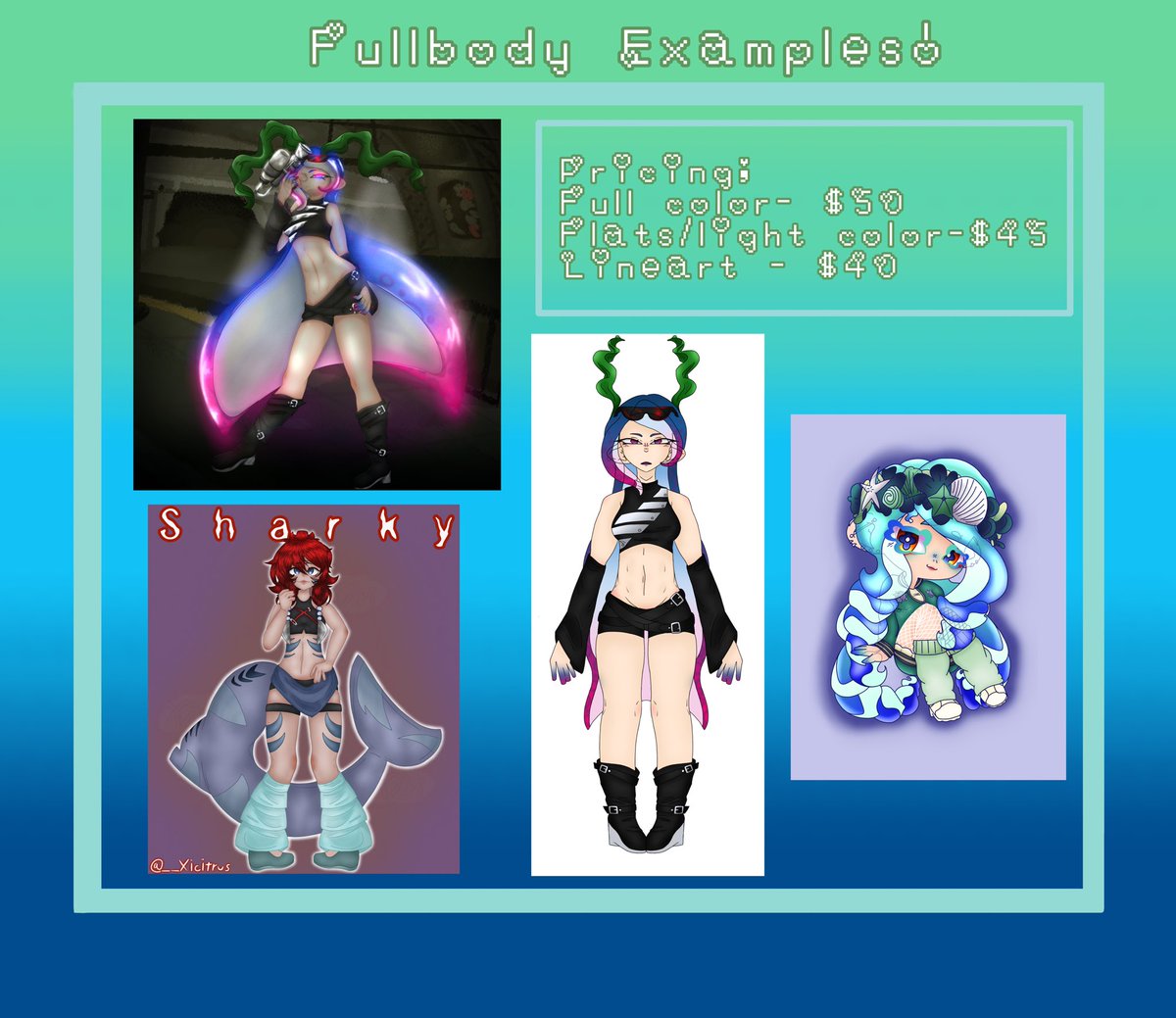 Xic1trus's tweet photo. Hello hello my comms are sopen! I've updated my comm sheet a little, no price changes but artwork changes!! Wanted to add some more recent art :)

Some contact info below!👇🩵
❄️
#Splatoon #splatoon2 #splatoon3 #splatoonart #commissionsopen #artist #ArtistOnTwitter https://t.co/mb9nZgViIA
