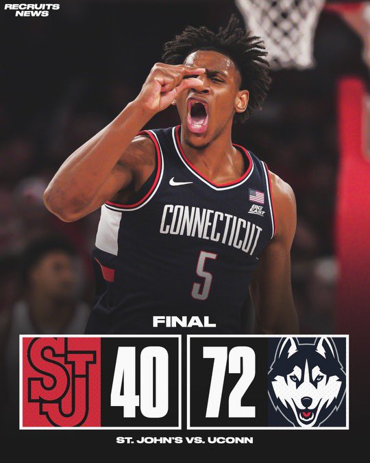 UCONN JUST HELD ST. JOHN’S TO TWO MADE FIELD GOALS IN THE SECOND HALF 🤯

The Huskies all but lock up a 1 seed.