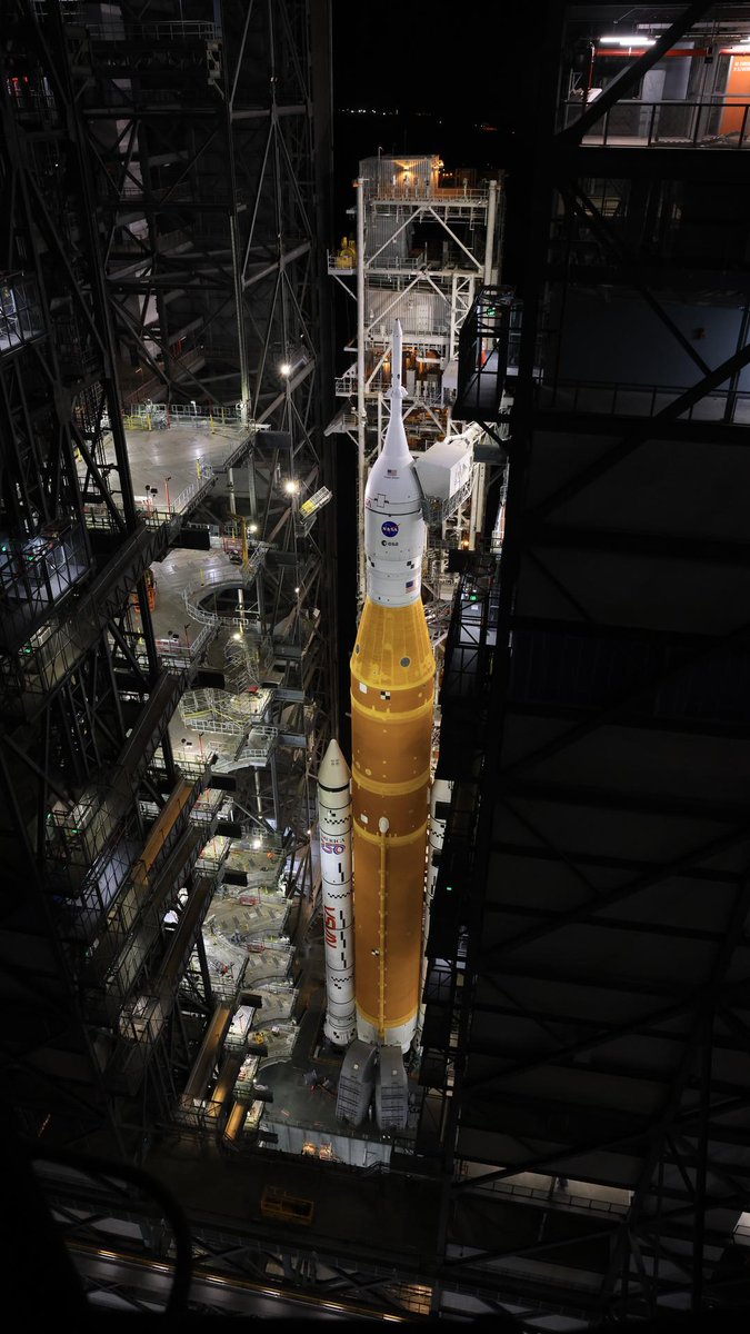 Our <a href="/NASAArtemis/">NASA Artemis</a> Moon rocket is in the Vehicle Assembly Building after a multi-hour trek from the launch pad. Next, technicians will troubleshoot the helium flow issue to the rocket’s upper stage and conduct other work. More:  go.nasa.gov/4qSAVXb