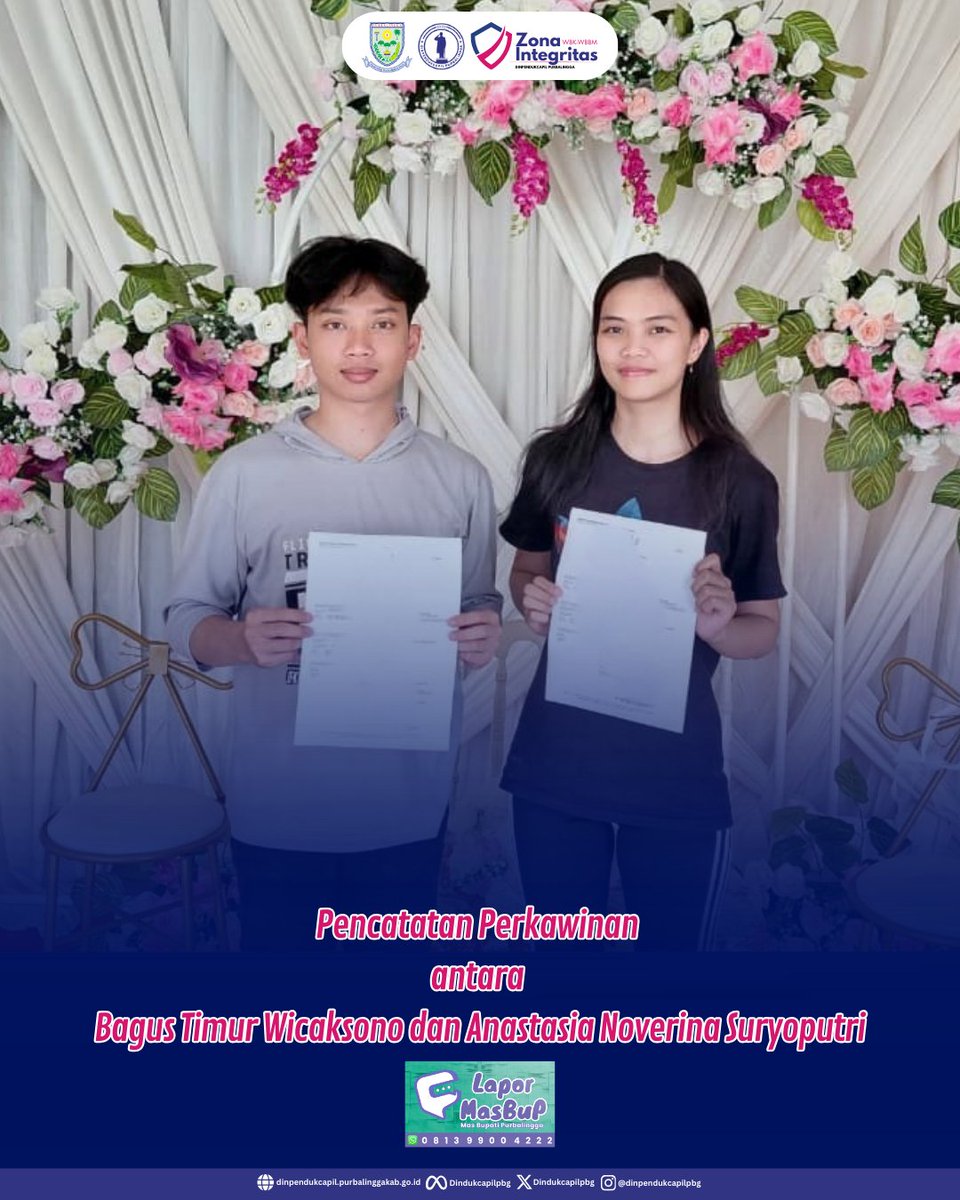 DindukcapilPbg's tweet image. Selamat kepada Bagus Timur Wicaksono dan Anastasia Noverina Suryoputri! Pada Selasa, 24 Februari 2026, Dinpendukcapil Purbalingga dengan bangga mencatat perkawinan kalian.

dinpendukcapil.purbalinggakab.go.id/article/pencat…

#Dukcapil #DukcapilJateng #DukcapilPurbalingga #PemkabPurbalingga #Purbalingga