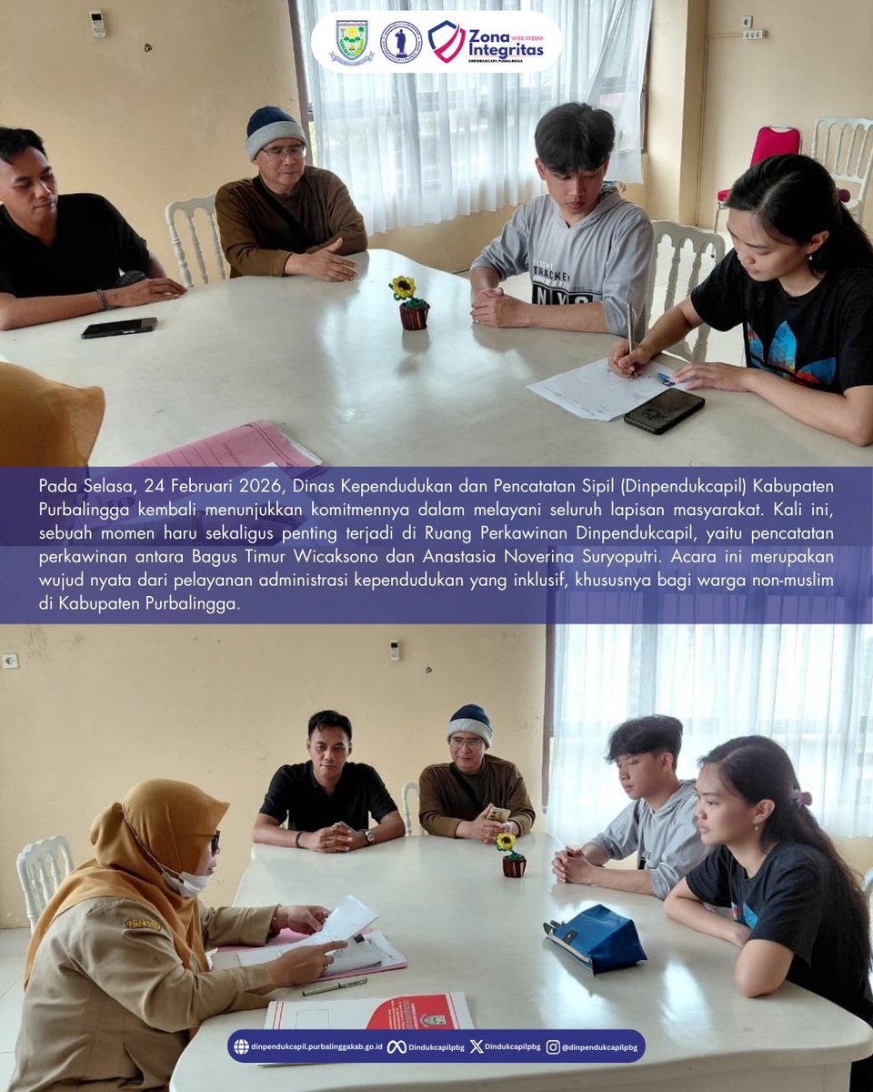 DindukcapilPbg's tweet image. Selamat kepada Bagus Timur Wicaksono dan Anastasia Noverina Suryoputri! Pada Selasa, 24 Februari 2026, Dinpendukcapil Purbalingga dengan bangga mencatat perkawinan kalian.

dinpendukcapil.purbalinggakab.go.id/article/pencat…

#Dukcapil #DukcapilJateng #DukcapilPurbalingga #PemkabPurbalingga #Purbalingga