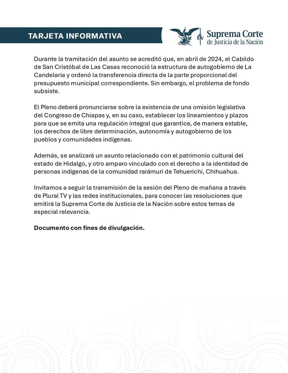 Tarjeta Informativa | La Suprema Corte llega a territorio con asuntos sobre derechos de pueblos indígenas y cultura. ⤵️