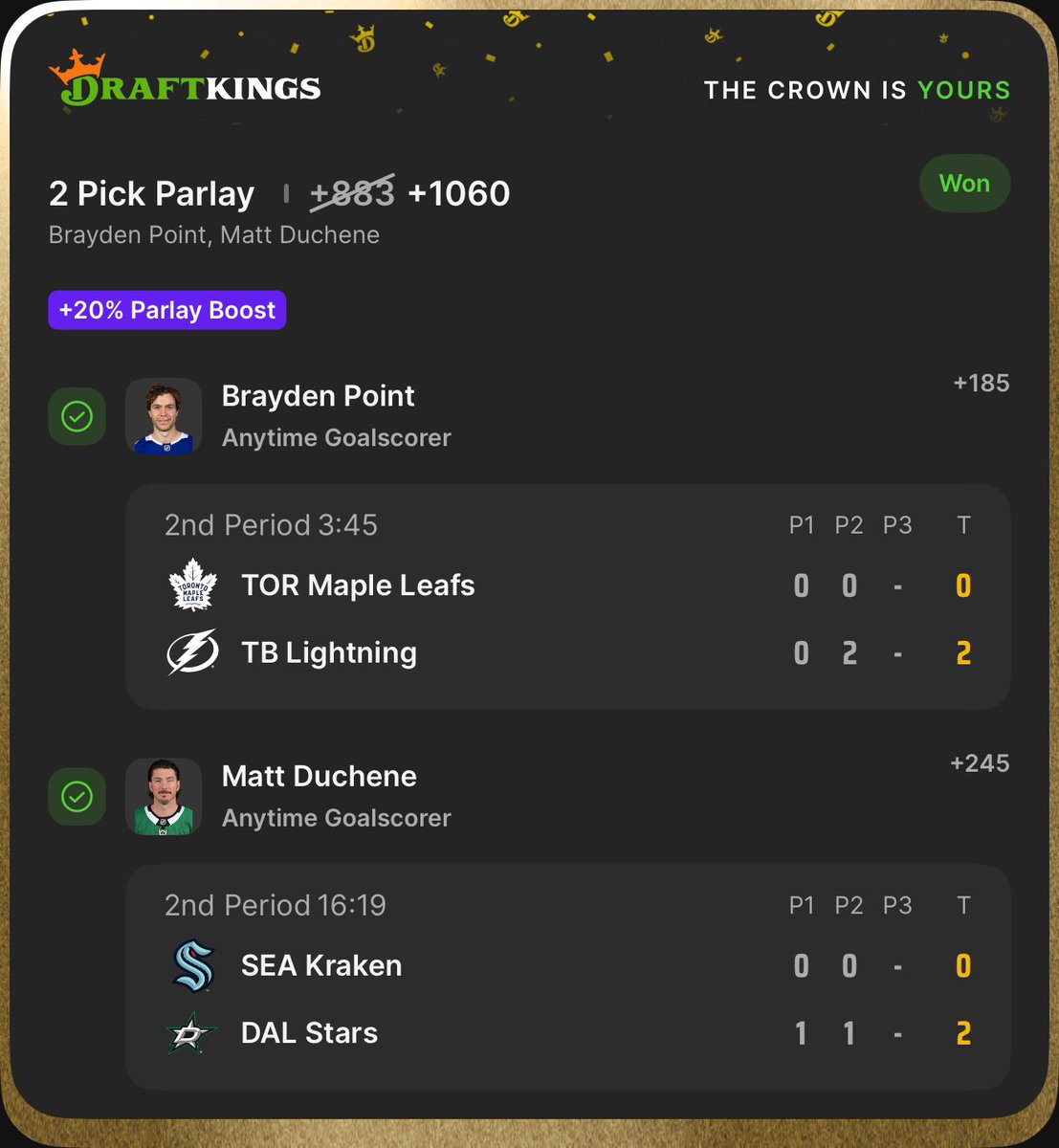 Glad You Are Back NHL 😮‍💨 

2 PAIR BANG 😈

BRAYDEN POINT x MATT DUCHENE ✅

<a href="/SYNNER_CITY/">SYNNERS</a> <a href="/SynBets/">SYN</a>