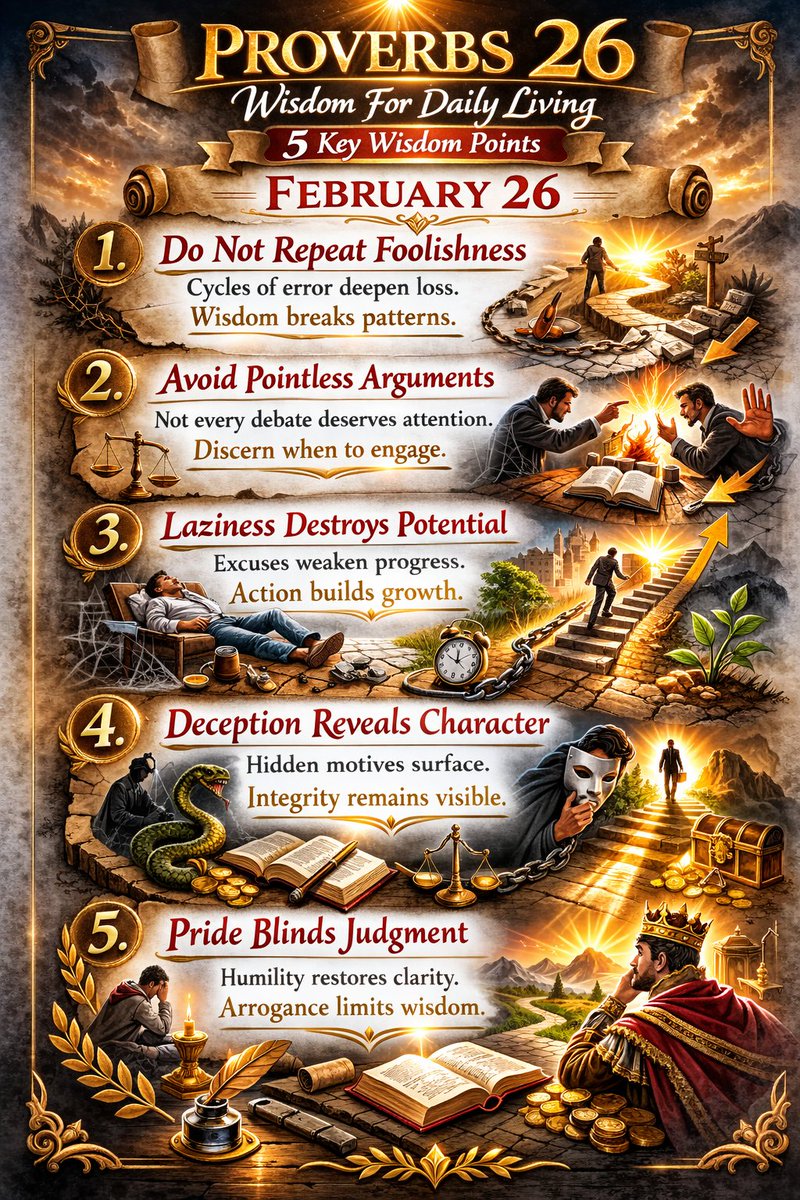 GarronT's tweet photo. Proverbs 26 teaches this:

Repeated foolishness becomes self-destruction.
Not every argument deserves attention.
Laziness kills potential.
Deception exposes character.
Pride blinds judgment.

Break the cycle. Choose wisdom.
#Proverbs26 #Wisdom https://t.co/xctQNn1hGT
