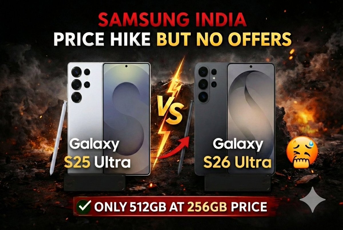 🔥 HOT TAKE - Samsung India fumbled the Galaxy S26 Series launch pricing.

Let’s be real.

Galaxy S23 Ultra was PEAK pre-book era in India 🐐

Now look where we are.

Galaxy S26 Series price hike across the board 👇🏻 

S26 Base 256GB → +₹7,000
S26 Base 512GB → +₹15,000
S26