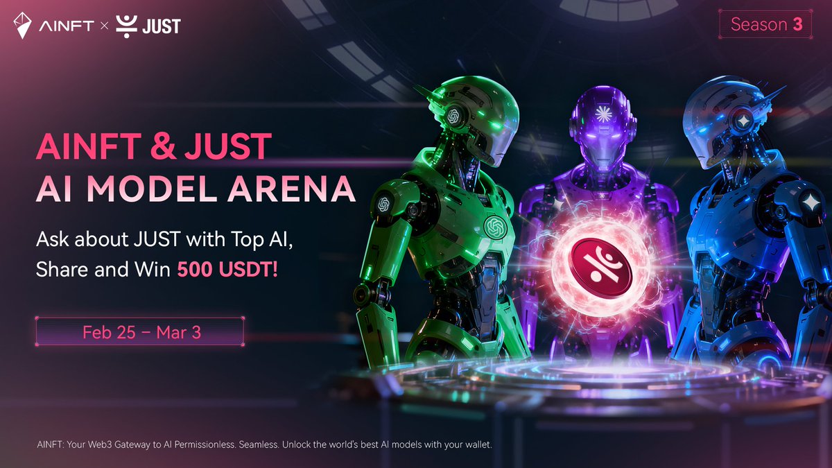 shuchu101's tweet image. 🔥AINFT × JUST 模型对决正在升温，500 USDT 奖池等你参与！围绕 #JUST 话题，用同一条 Prompt 同时挑战多款顶级 AI 模型，直接对比回答质量与深度，谁更专业一目了然。AINFT 聚合多款原本需要订阅的 AI