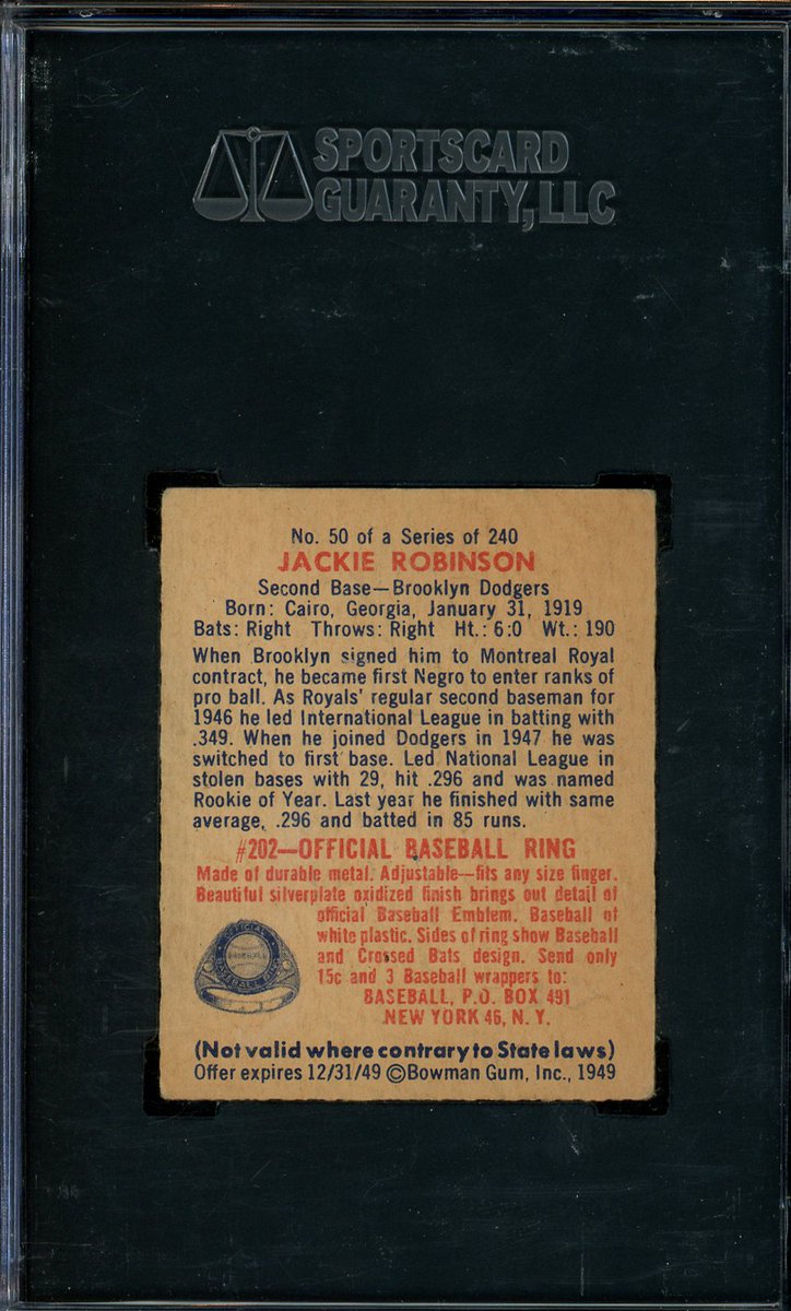 <a href="/CardsStory/">Cards With A Story</a> 1949 Bowman Jackie Robinson #50 SGC 4.5
$11000 Next Day Air
