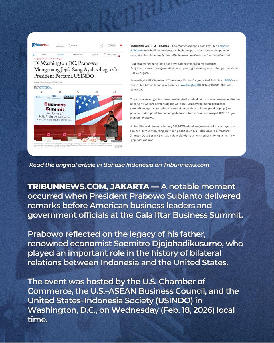USINDO's tweet photo. President Prabowo Subianto delivered remarks before American business leaders and government officials at the Gala Iftar Business Summit in Washington, D.C. He reflected on his father, Soemitro Djojohadikusumo, who once served as a co president of USINDO.

#USINDO #BusinessSummit https://t.co/orAAUjjpYX