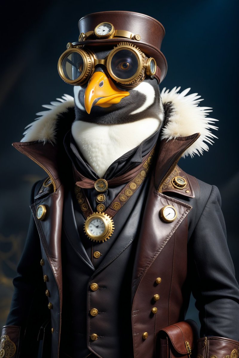 AiKingslayer's tweet photo. QT Your Penguin Art

Prompt⬇️

Steampunk penguin, wearing goggles, intricate details, brass, leather, gears, feathers, detailed fur, cinematic lighting, high quality, photorealistic https://t.co/yN4kJtP1nt