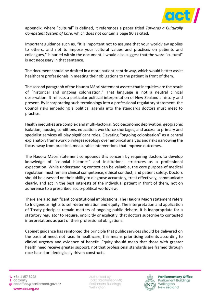 toddmstephenson's tweet photo. I’ve written to the Medical Council raising serious concerns about draft guidance that would require doctors to develop knowledge of “colonial histories” and attributes current health inequities to “historical and ongoing colonisation.”

New Zealanders expect their medical regulator to stay in its lane. Standards for doctors should be focused on patient safety and measurable outcomes. I’ve urged the Council to revise these statements and refocus on what matters most to patients.