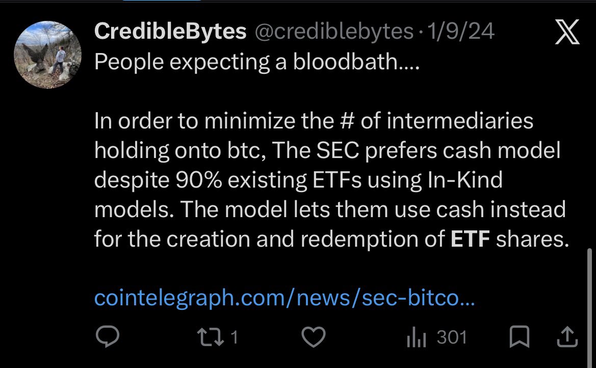 crediblebytes's tweet photo. Everyone celebrated ETF approval.

Not me. 

I pointed out the SEC forced Bitcoin ETFs into a cash redemption model.

That wasn’t a technicality.

The model didn’t change Bitcoin’s 21M cap. It changed how institutional capital accesses and arbitrages it.

Scarcity is at protocol
Price discovery isn’t