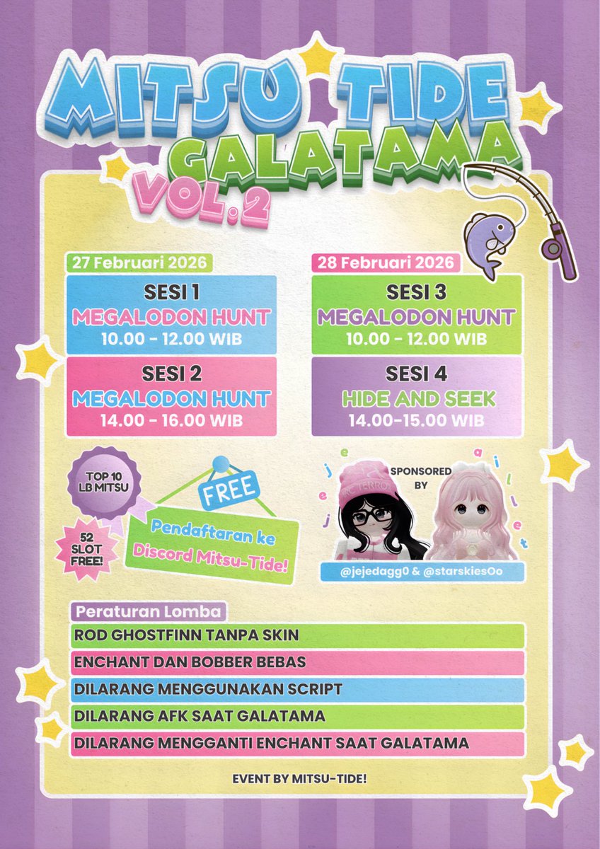 heafrtsha's tweet photo. Looking for Fisher(s) who want to join the Galatama! ๑ᵔ⤙ᵔ๑)♥︎ Pendaftaran FREE hari ini jam 3 yaa! Hadiahnya uang tunai yaaa! Link discord di profileku yaaa✨ https://t.co/M1NH3K8lSj