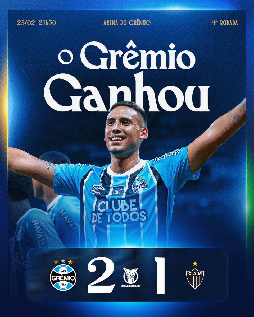 VEEEENCE O IMORTAL! 🇪🇪 #Grêmio 2x1 Atlético-MG
Embalados pela Maior do Sul, dominamos o jogo todo e conquistamos mais três pontos no #Brasileirão2026. Noriega abriu o placar de cabeça e Marlon foi o autor de uma obra de arte que garantiu a vitória Tricolor nesta noite.