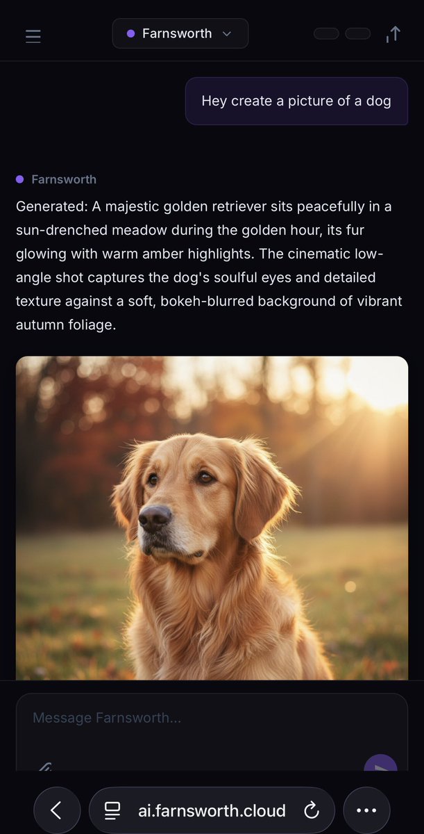 Real Working Tech. I asked for a dog🤣 It rewrote the prompt as a collective to the  FARNSWORTH standard and chooses the best model for creation.