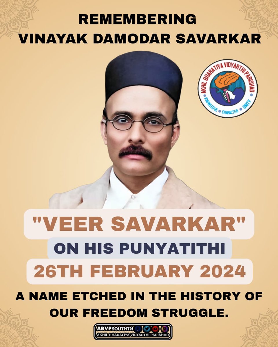 ABVPSouthTN's tweet photo. ABVP Remembering Shri.Vinayak Damodar Savarkar on his death anniversary.A fearless freedom fighter,he played a significant role in the freedom fight and endured years of imprisonment in the Jail.His life reflected courage,conviction and unwavering dedication to the nation. https://t.co/BhhzVIBuDM