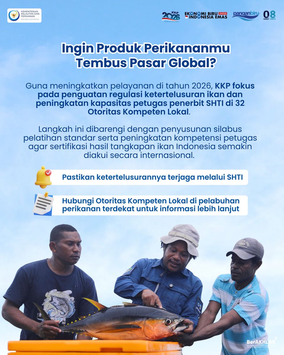yhanax08's tweet photo. Biar ikan Indonesia bisa tembus pasar dunia, perlu yg namanya SHTI.
Sertifikat ini jadi bukti bahwa ikan yg diekspor legal, tertelusur &amp; memenuhi standar internasional.
Dgn SHTI, produk perikanan Indonesia makin dipercaya dan makin siap bersaing di pasar global.
#shtikunci711E1 https://t.co/lCKmBddYkU