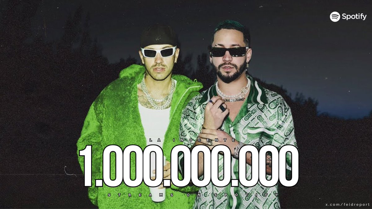 FeidReport's tweet photo. “LA INOCENTE” de Mora &amp; Feid ha superado 1 BILLON de streams en la plataforma de Spotify.

— Es su canción #8 en lograrlo. https://t.co/KGQ2rYo4Ea
