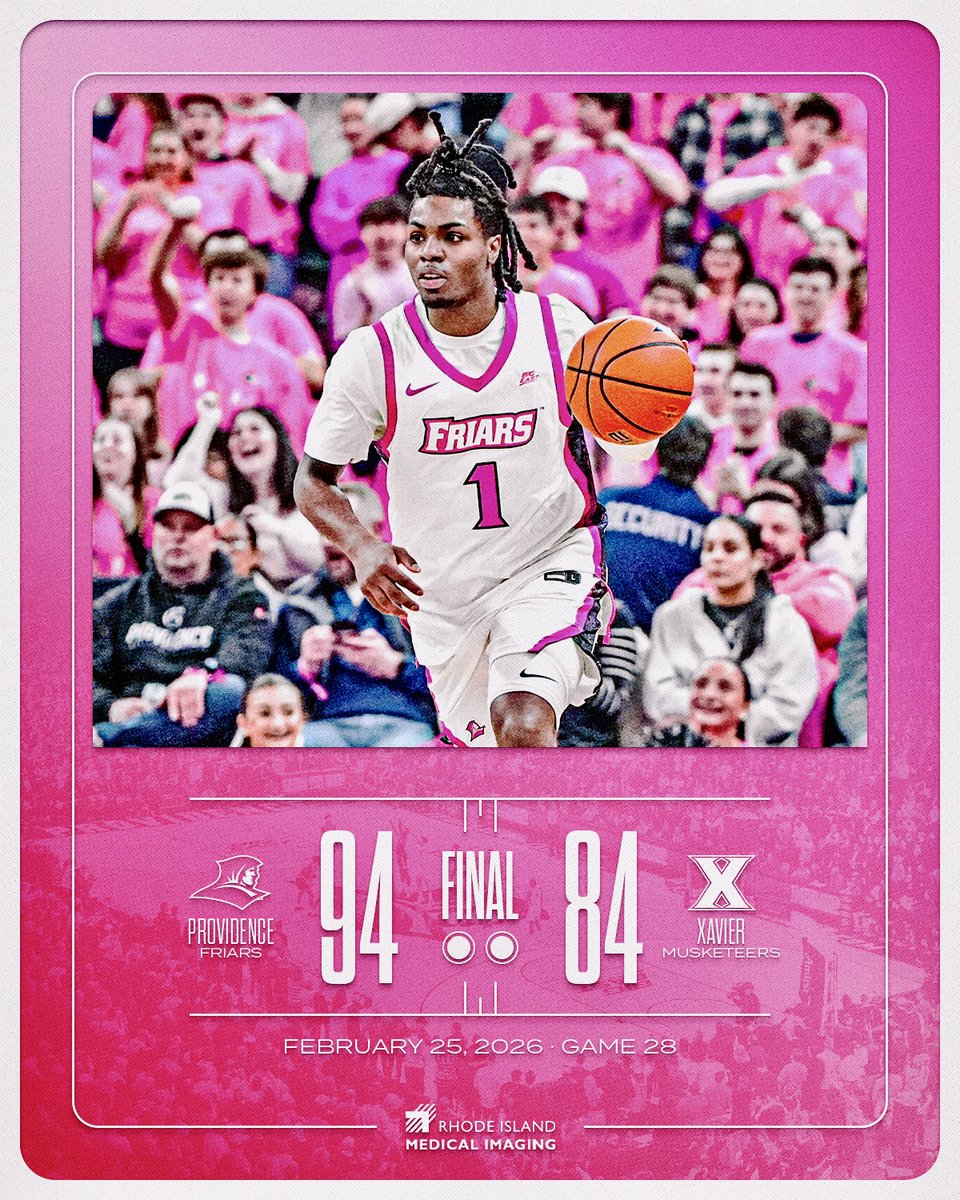 FRIARS WIN!!!

Providence - 94
Xavier - 84

Jaylin Sellers scores 27 points
Jason Edwards adds 24 points off the bench
Oswin Erhunmwunse (10pts/10reb) records his fifth double-double of the season