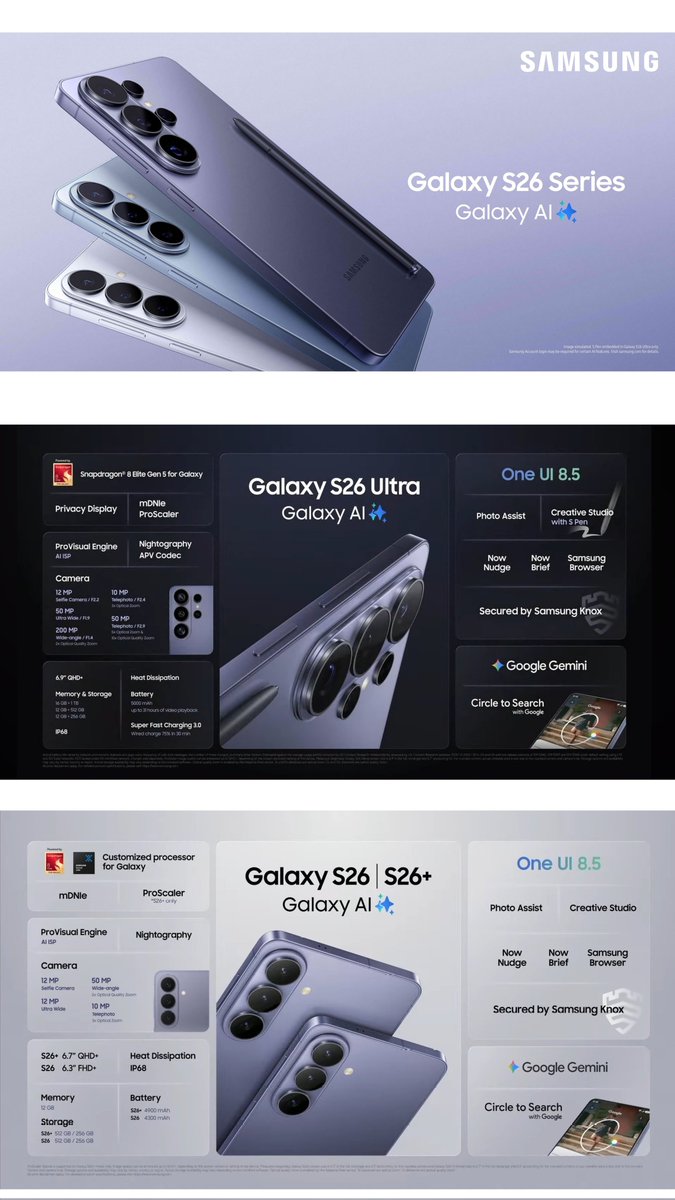 Lord_GBK's tweet photo. GALAXY S26 SERIES UNVEILED 🔥
#S26 #Samsung #GalaxyAI #GalaxyS26 #S26Ultra #S26Plus https://t.co/x2XjcDbSYJ
