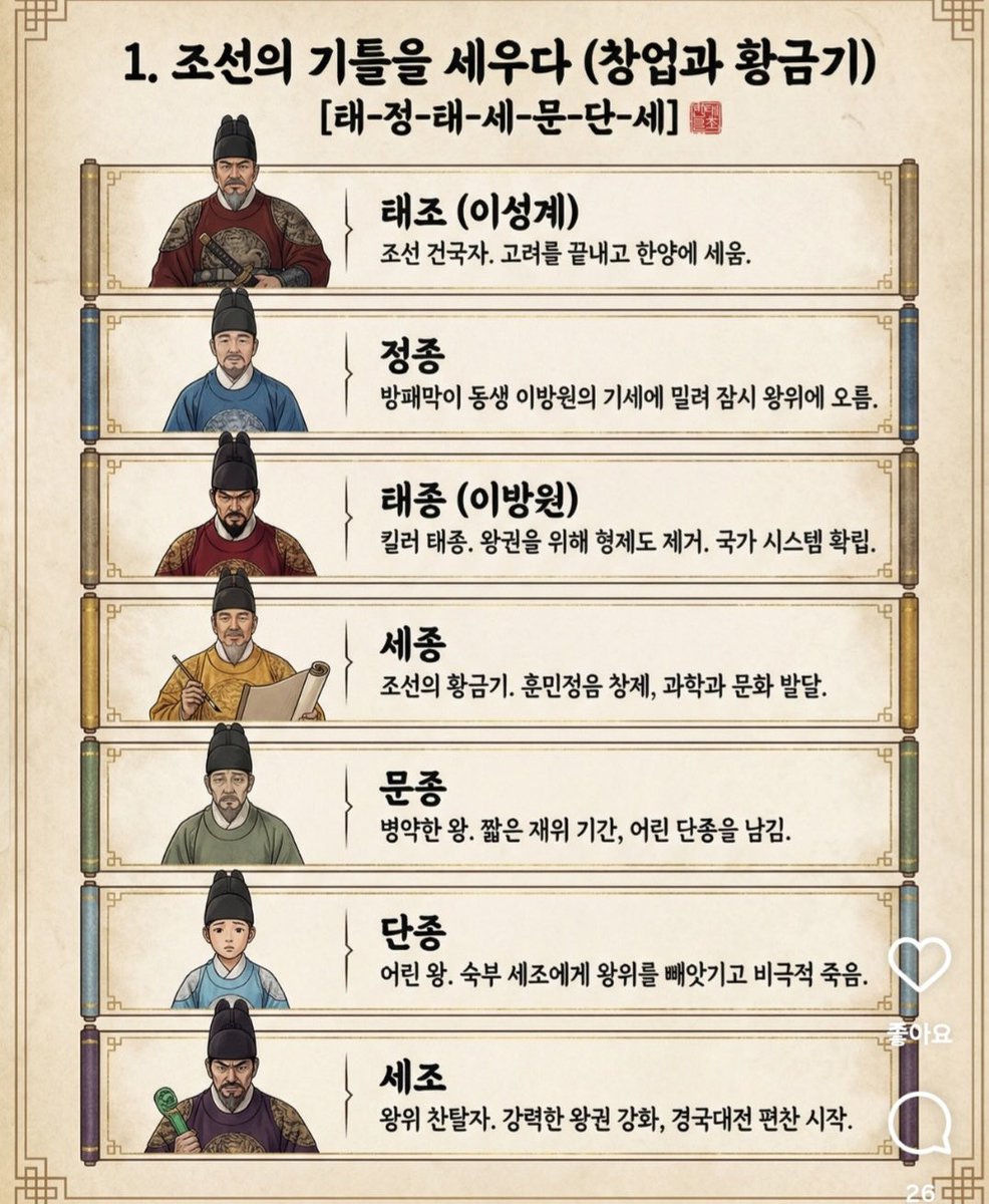 xguru's tweet photo. 같이 올려주신 조선시대 왕들 정리도 보세요
태정태세문단세
예성연중인명선
광인효현숙경영
정순헌철고순 https://t.co/jkAtYoTQII
