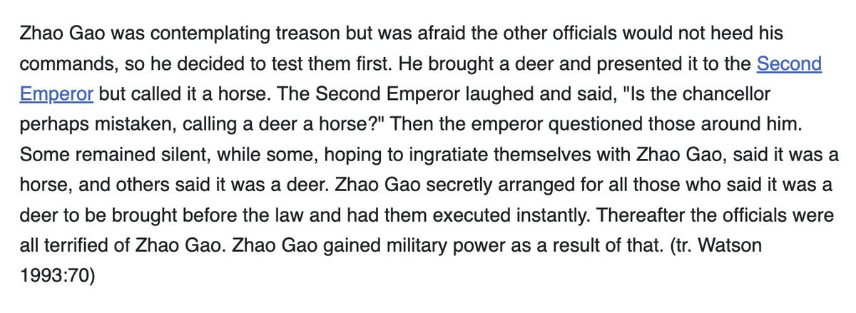 <a href="/esrtweet/">Eric S. Raymond</a> Another adaptive benefit is the “point deer, make horse” phenomenon, which selects for those who affirm official absurdies and hence are more reliably loyal to the regime. en.wikipedia.org/wiki/Zhao_Gao