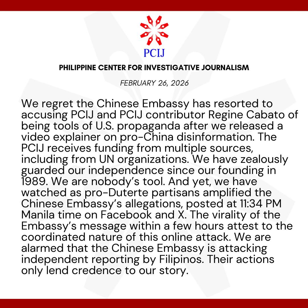 newswatchplusph's tweet photo. ‘WE ARE NOBODY’S TOOL’
READ: The Philippine Center for Investigative Journalism (PCIJ) responds to the Chinese Embassy's accusations that it is advancing U.S. propaganda interests due to funding from the U.S. National Endowment for Democracy.
“The PCIJ receives funding from multiple sources, including UN organizations. We have zealously guarded our independence since our founding in 1989. We are nobody’s tool,” PCIJ said in a statement early Thursday.