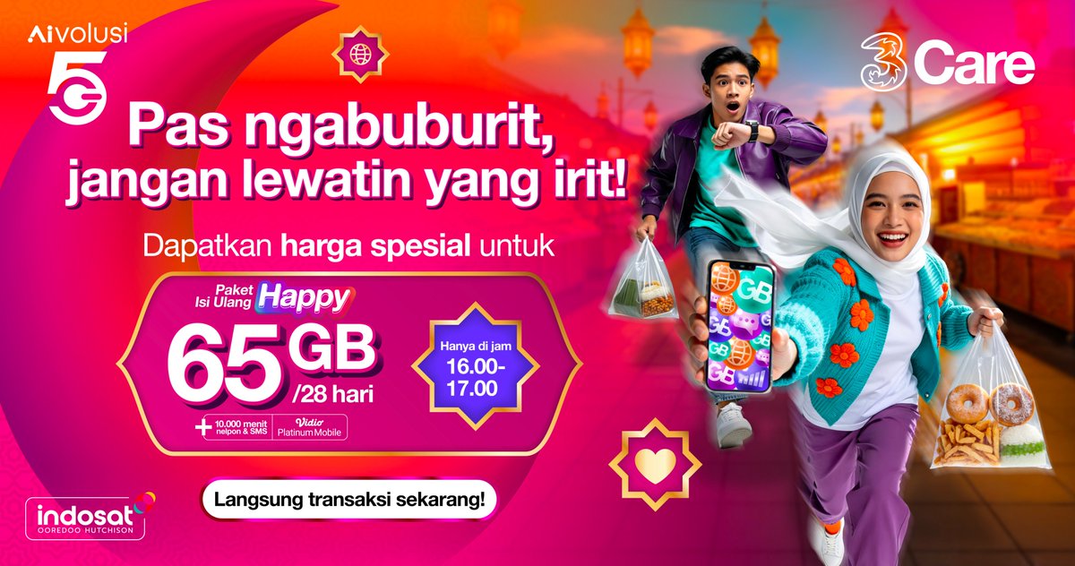 Ngabuburit makin seru kalo pake kuota ini 🔥​​
Main game, streaming, sampe scroll medsos…aman sampe bedug 🤝​​

​Jadi Pilihan bijak buat nemenin ngabuburit #SobatTri #JadiLebihHebat dengan #PilihanBijak ​

#3CareUntukMu #3CareIndonesia